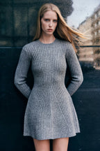 Knitted Mini Dress with Long Sleeves – Ribbed Stretch Jumper Dress