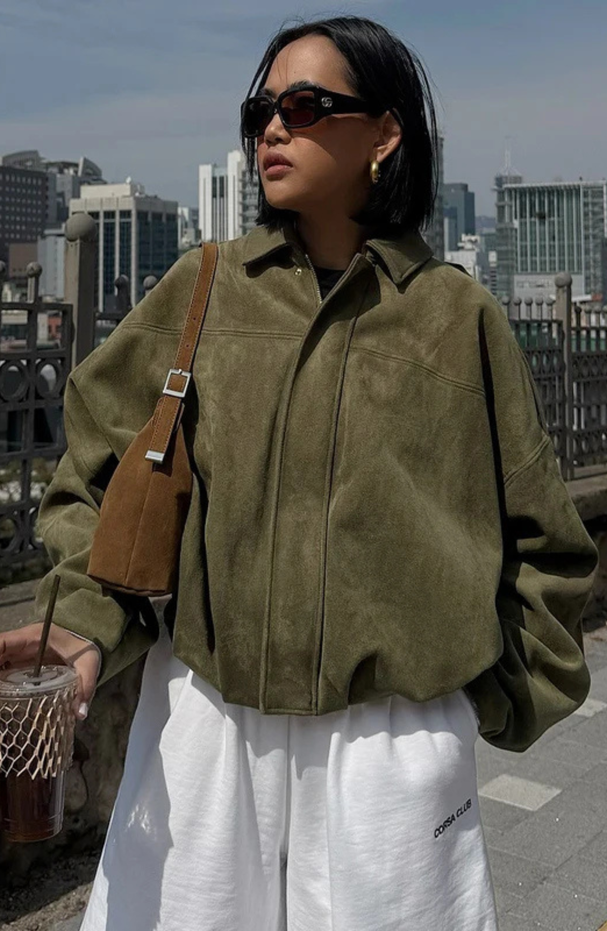 Camel Suede Cropped Bomber Jacket – Luxury Racing Coat | Meave & Ivy