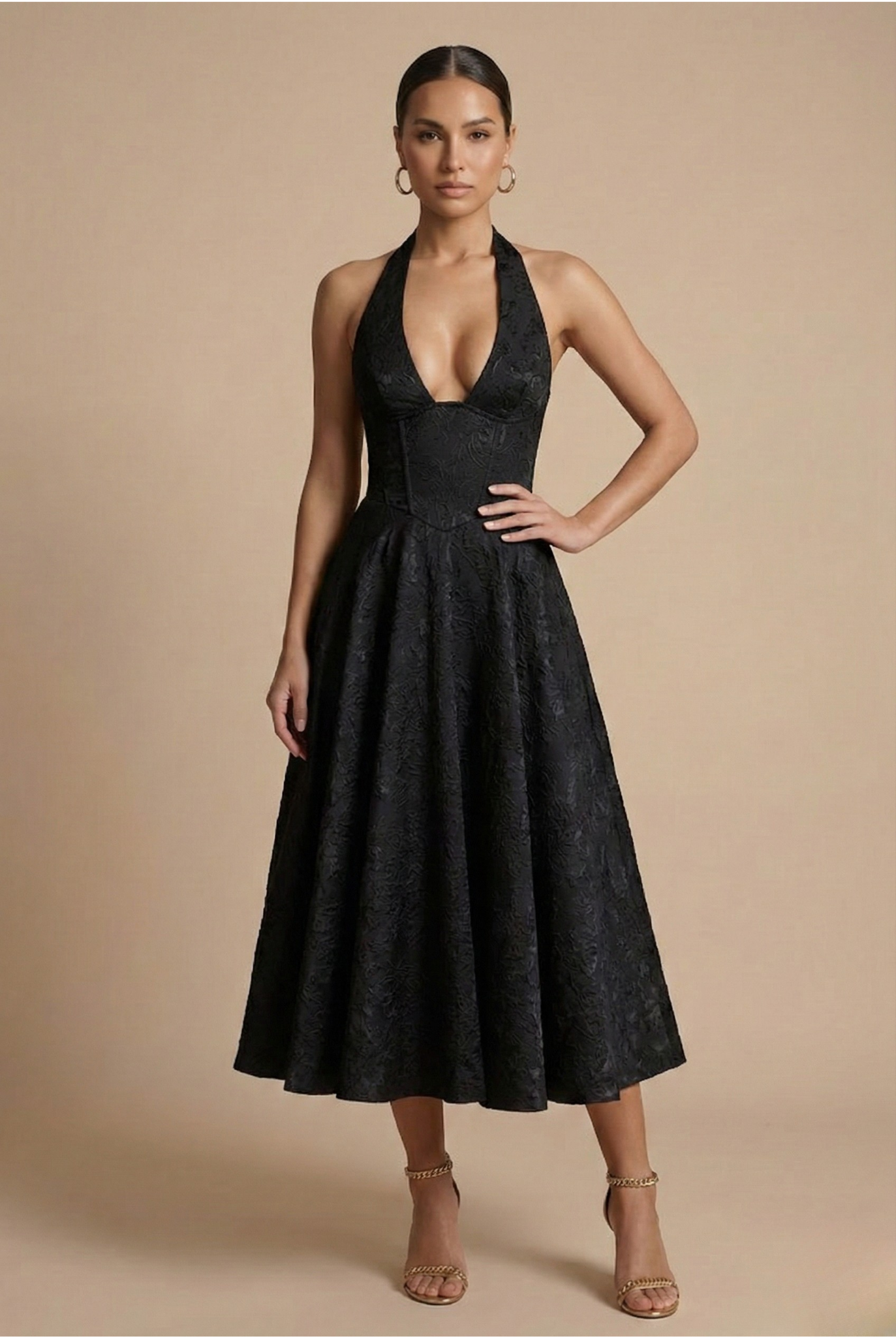 Jacquard Halter Corset Midi Dress – A-Line Wedding Guest Dress | Meave & Ivy