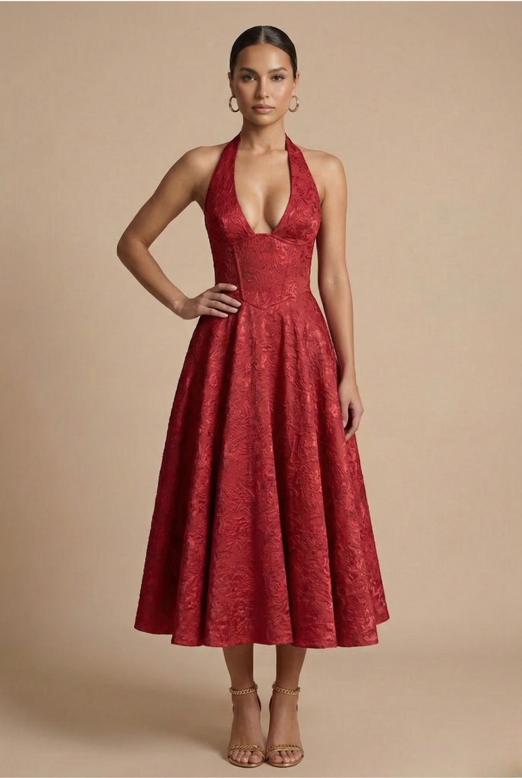 Jacquard Halter Corset Midi Dress – A-Line Wedding Guest Dress | Meave & Ivy