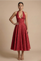 Jacquard Halter Corset Midi Dress – A-Line Wedding Guest Dress | Meave & Ivy