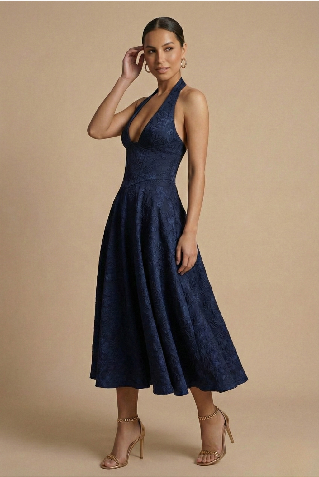 Jacquard Halter Corset Midi Dress – A-Line Wedding Guest Dress | Meave & Ivy