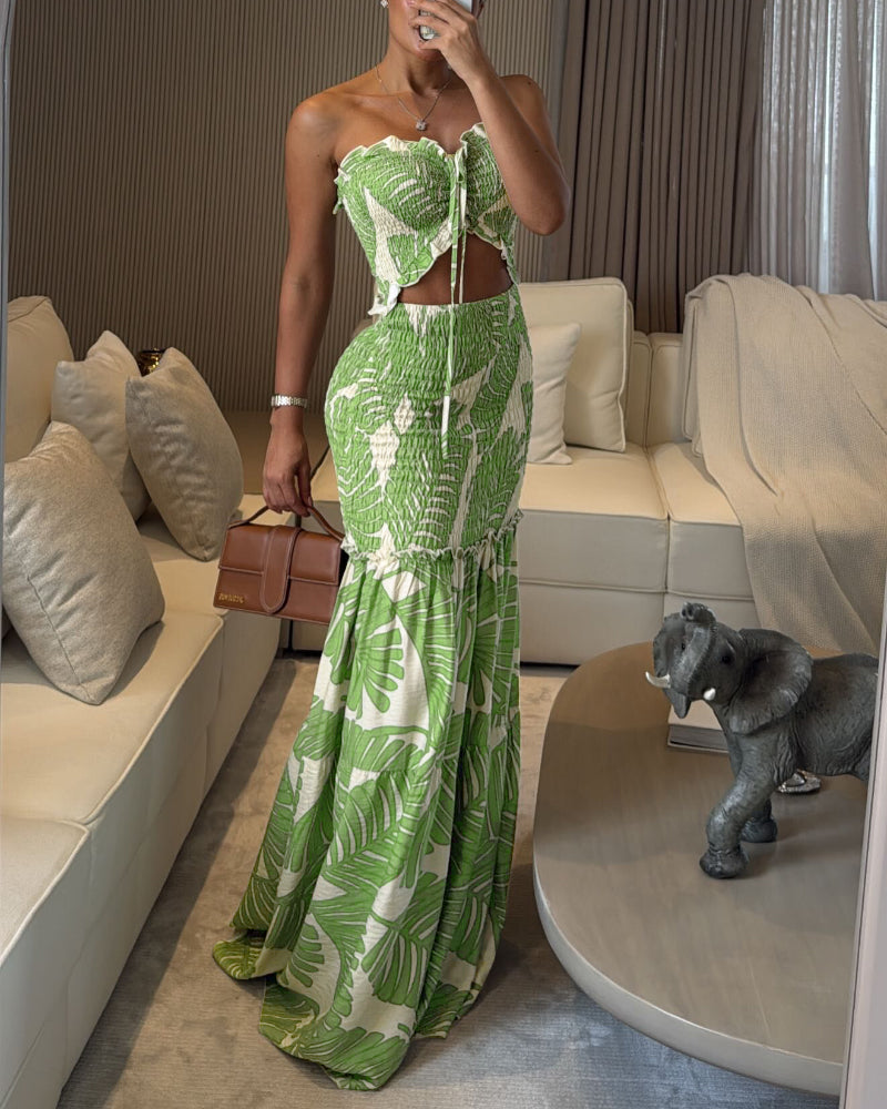 Tropical Print Halter Tie Cinched Waist Mermaid Vacation Maxi Dress | Meave & Ivy