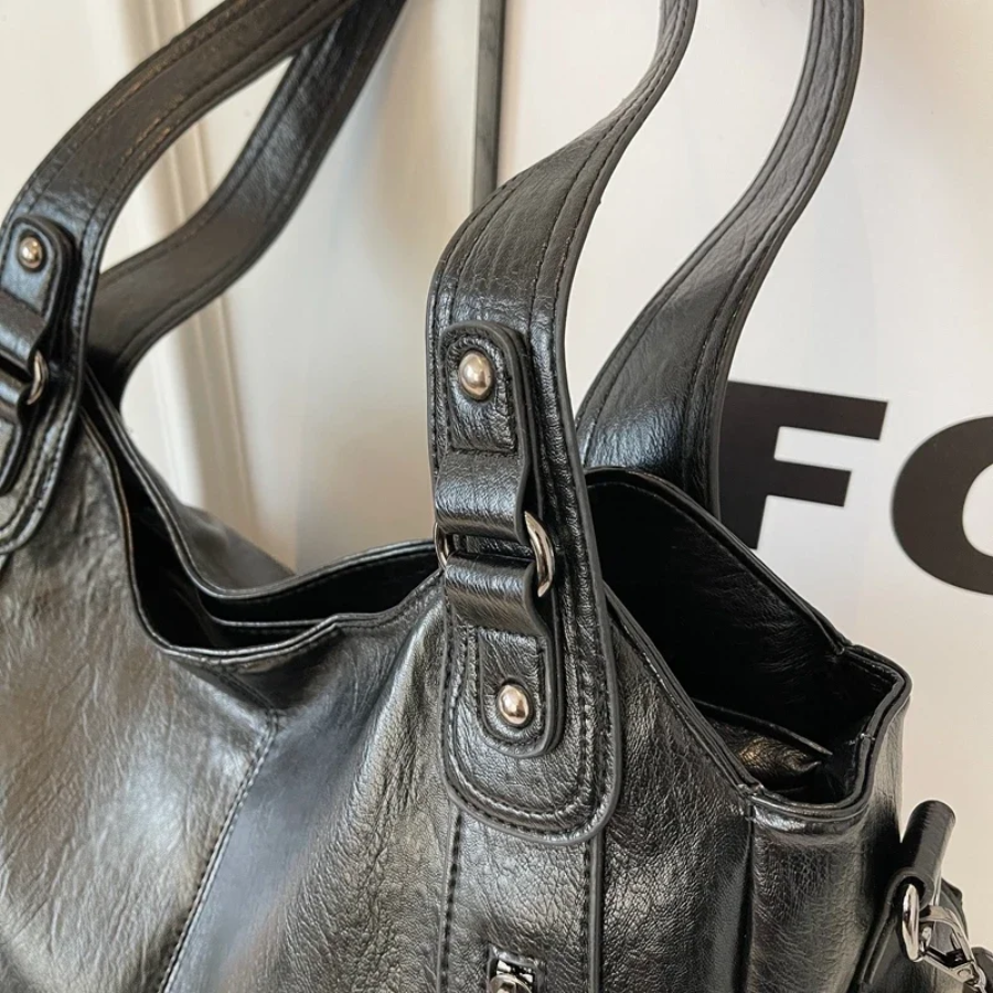 Women's Vegan Leather Shoulder Tote with Zip Pockets