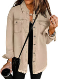 Women's Oversized Washed Denim Shacket with Frayed Hem and Button Front