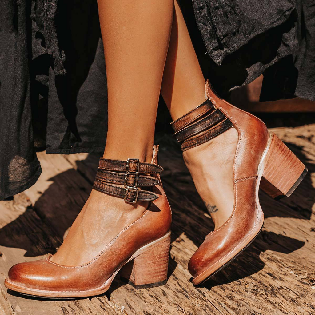 Block-Heel Buckle-Strap Leather Shoes