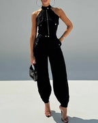 Two-Piece Sleeveless High Neck Cargo Top and Cuffed Trousers Set | Meave & Ivy