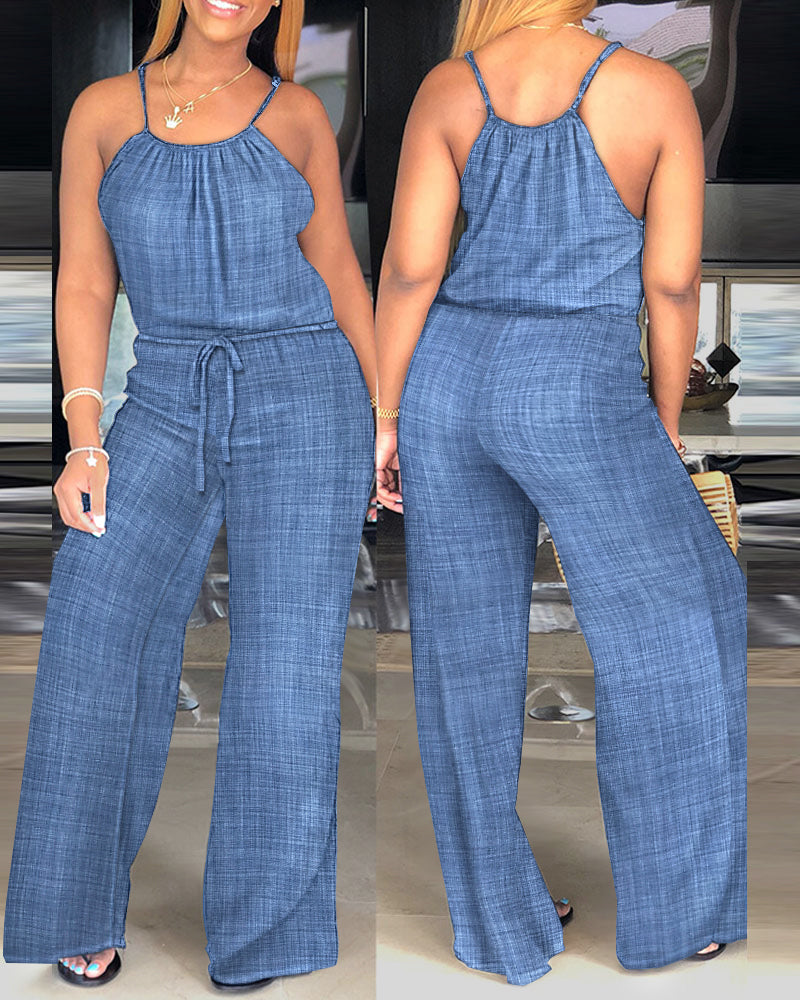 Spaghetti Strap Drawstring Tied Waist Casual Jumpsuit | Meave & Ivy