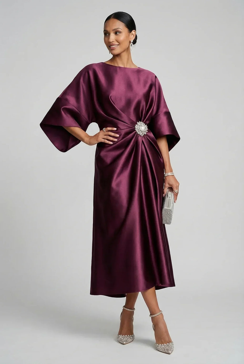 Satin Batwing Jewel Midi Dress - Elegant Wedding Guest Dress | Meave & Ivy