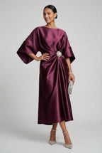 Satin Batwing Jewel Midi Dress - Elegant Wedding Guest Dress | Meave & Ivy