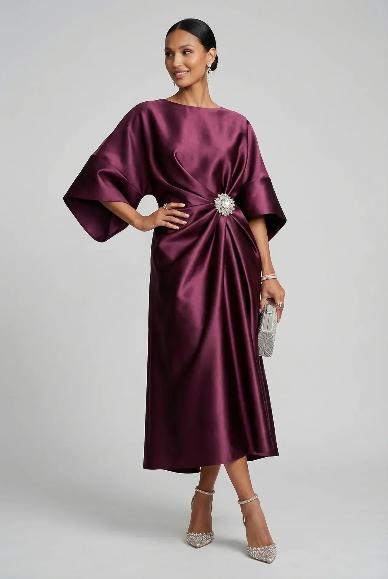 Satin Batwing Jewel Midi Dress - Elegant Wedding Guest Dress | Meave & Ivy