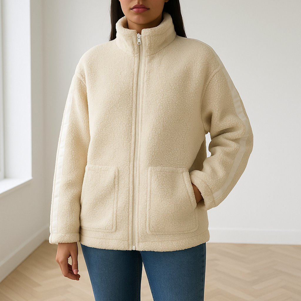 Plush Teddy Jacket with Stand Collar – Natural Tones