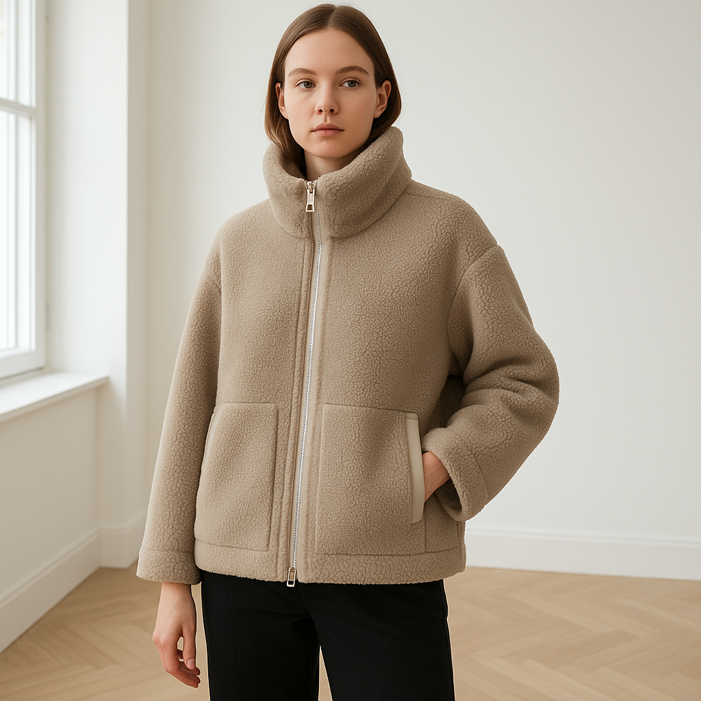 Plush Teddy Jacket with Stand Collar – Natural Tones