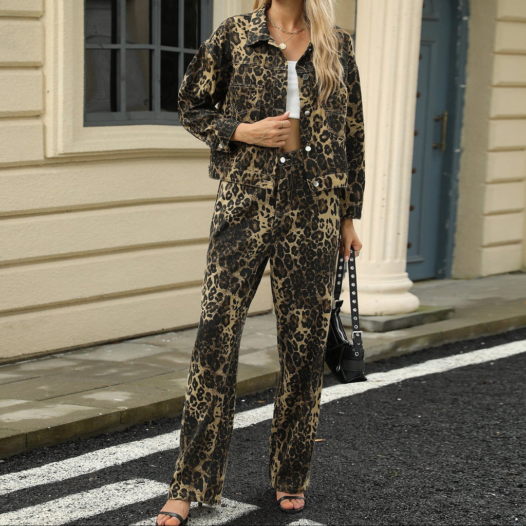 Women's Leopard Print Denim Jacket and Wide-Leg Trousers Set