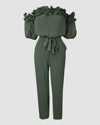 Off-Shoulder Frill Trim Short Sleeve Tie Waist Casual Jumpsuit | Meave & Ivy