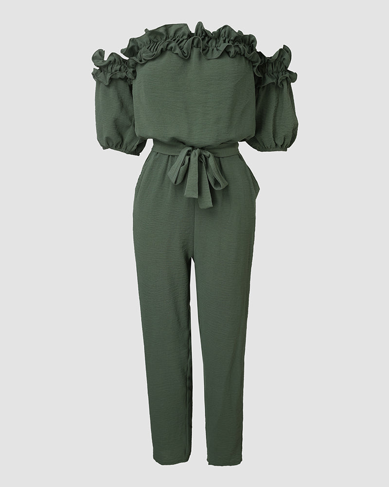 Off-Shoulder Frill Trim Short Sleeve Tie Waist Casual Jumpsuit | Meave & Ivy