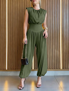 Padded Shoulders Sleeveless Cinched Waist Side High Slit Jumpsuit | Meave & Ivy