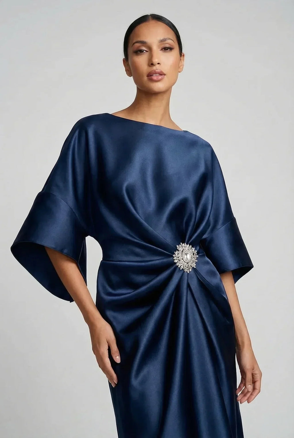 Satin Batwing Jewel Midi Dress - Elegant Wedding Guest Dress | Meave & Ivy