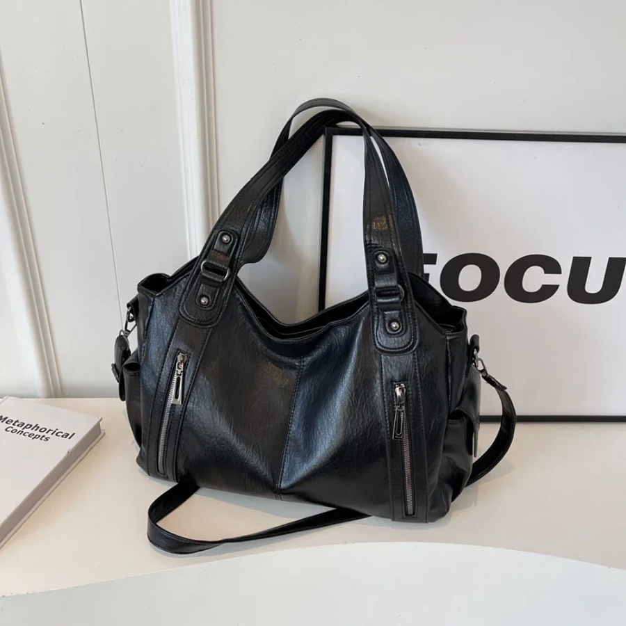 Women's Vegan Leather Shoulder Tote with Zip Pockets