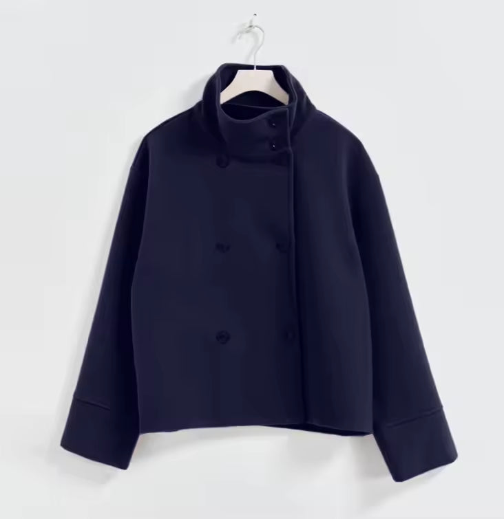 Peacoat Winter Jacket with High Collar – Short Minimalist Coat