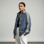 Retro Track Jacket with Button Loops & Contrast Stripes – Velour Look Zip Jacket