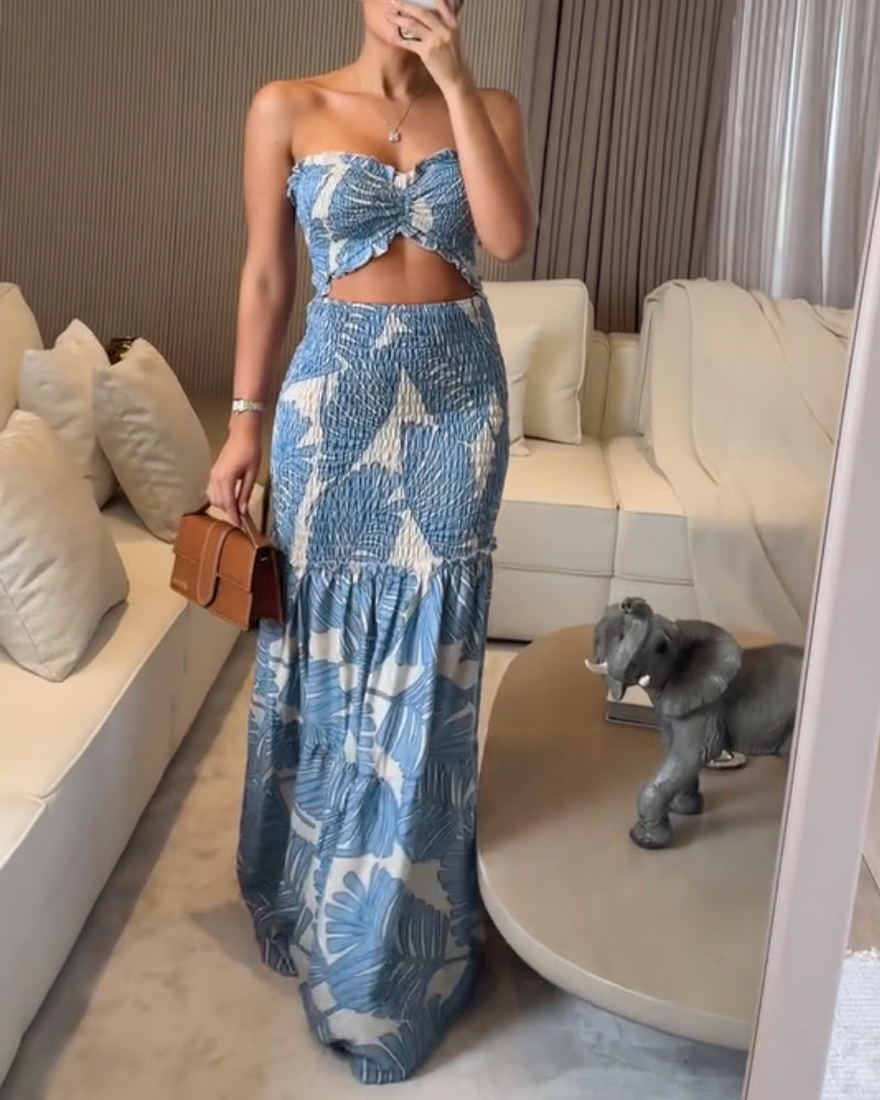 Tropical Print Halter Tie Cinched Waist Mermaid Vacation Maxi Dress | Meave & Ivy