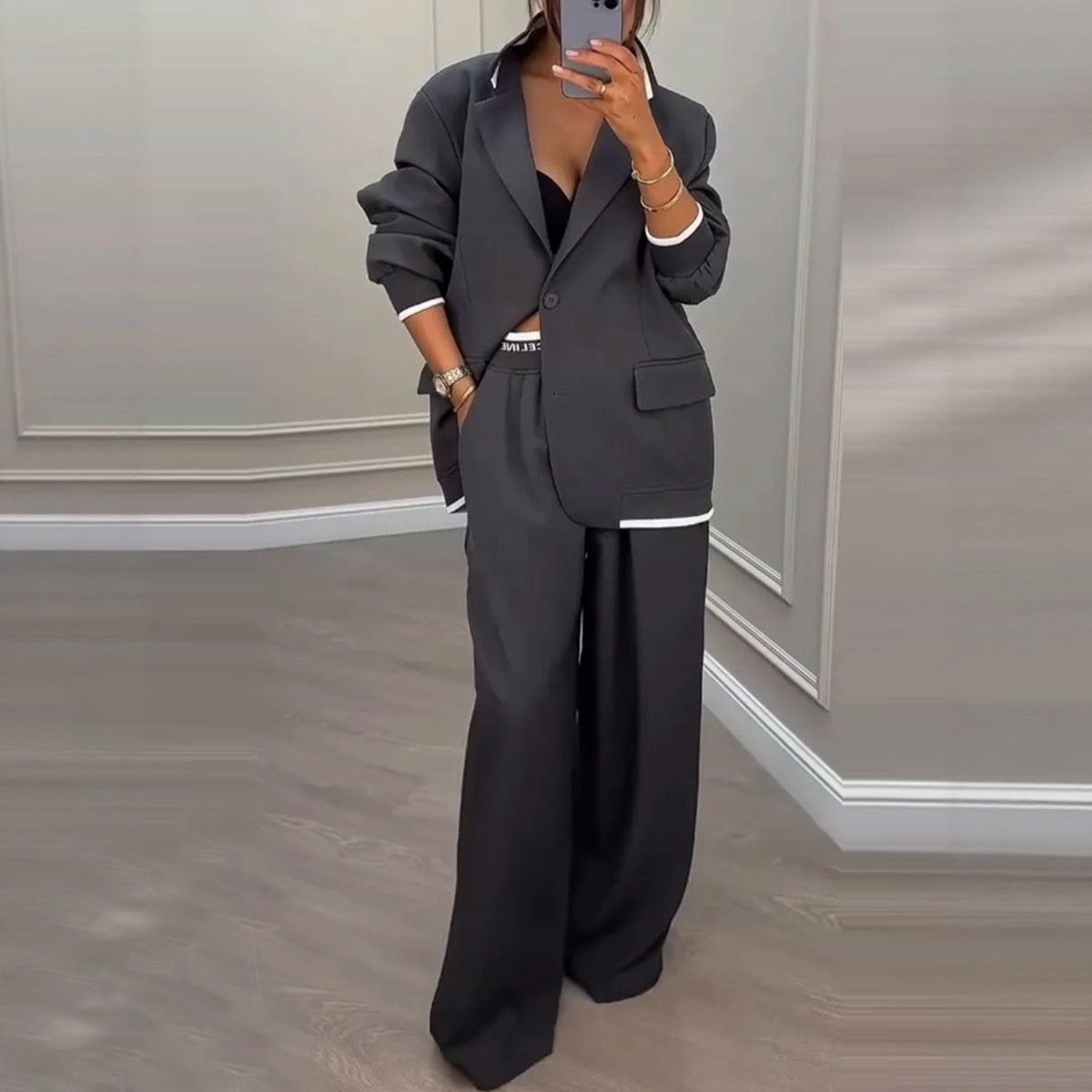 Women's Elegant Tailored Blazer and Wide Leg Trouser Suit