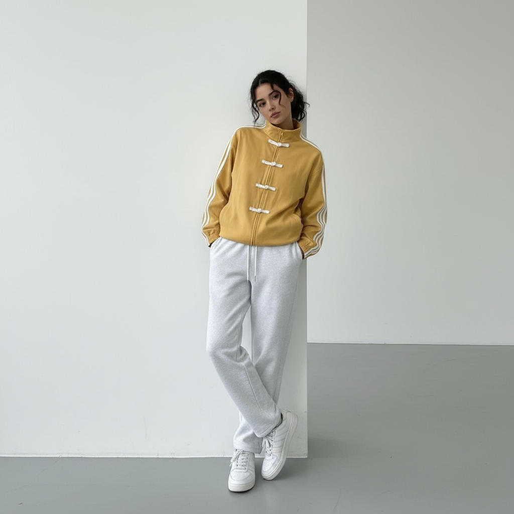 Retro Track Jacket with Button Loops & Contrast Stripes – Velour Look Zip Jacket