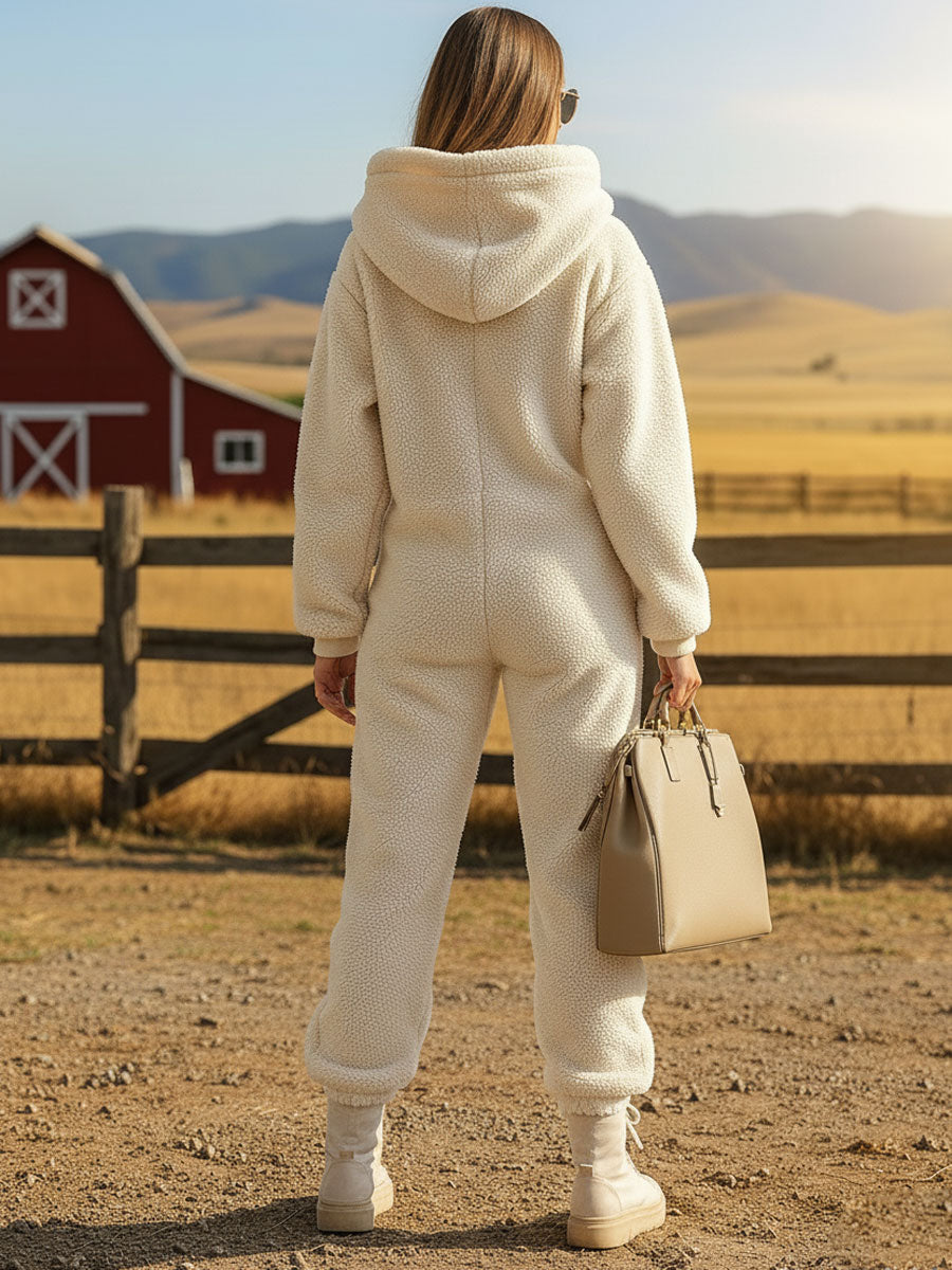 Women's Hooded Teddy Fleece Jumpsuit with Zip Front and Large Patch Pockets