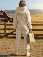 Women's Hooded Teddy Fleece Jumpsuit with Zip Front and Large Patch Pockets