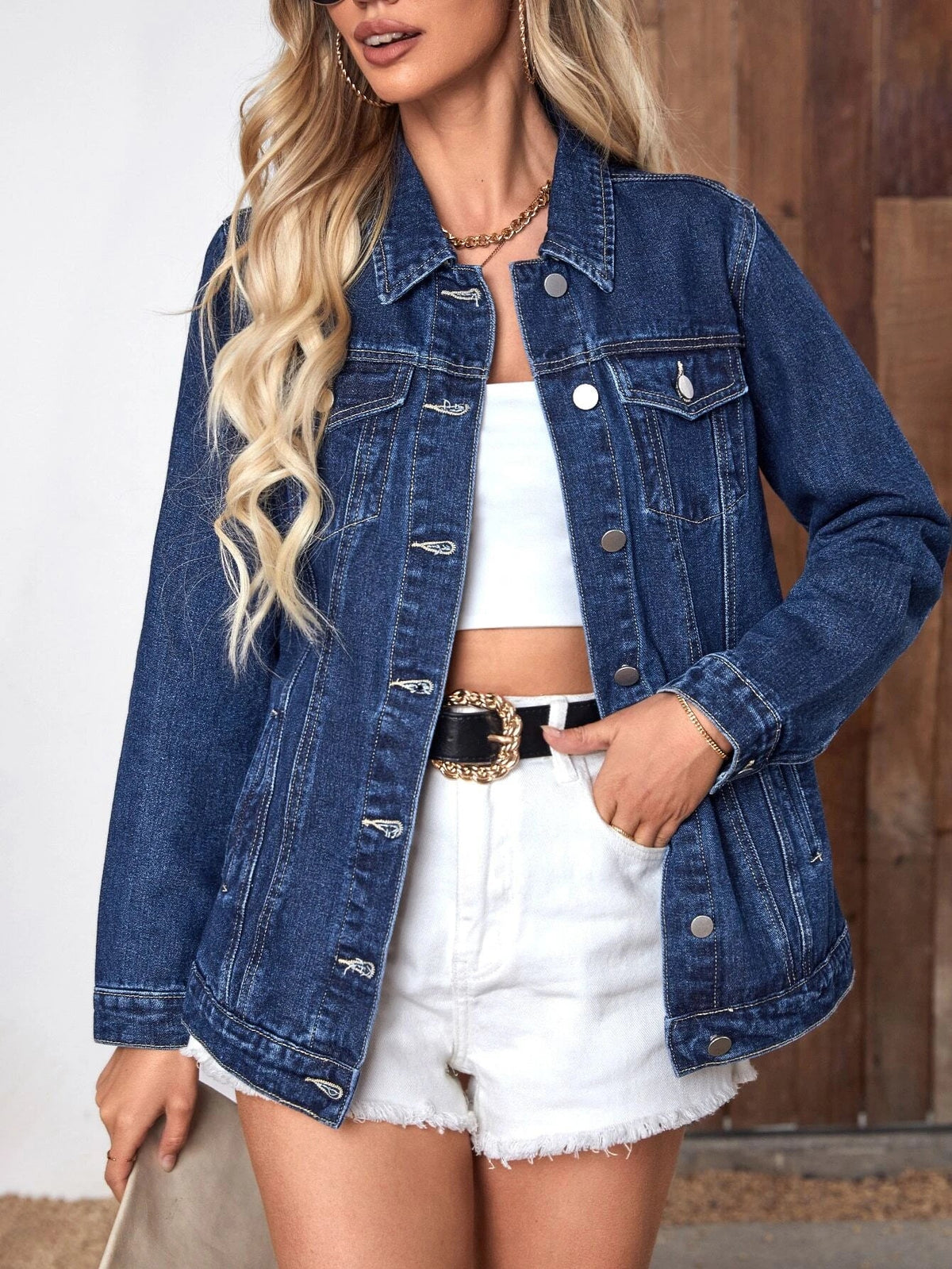 Women's Classic Oversized Denim Jacket with Washed Finish and Button Front