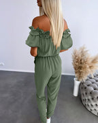 Off-Shoulder Frill Trim Short Sleeve Tie Waist Casual Jumpsuit | Meave & Ivy