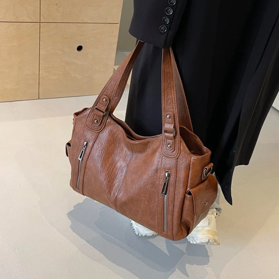 Women's Vegan Leather Shoulder Tote with Zip Pockets