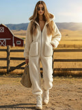Women's Hooded Teddy Fleece Jumpsuit with Zip Front and Large Patch Pockets