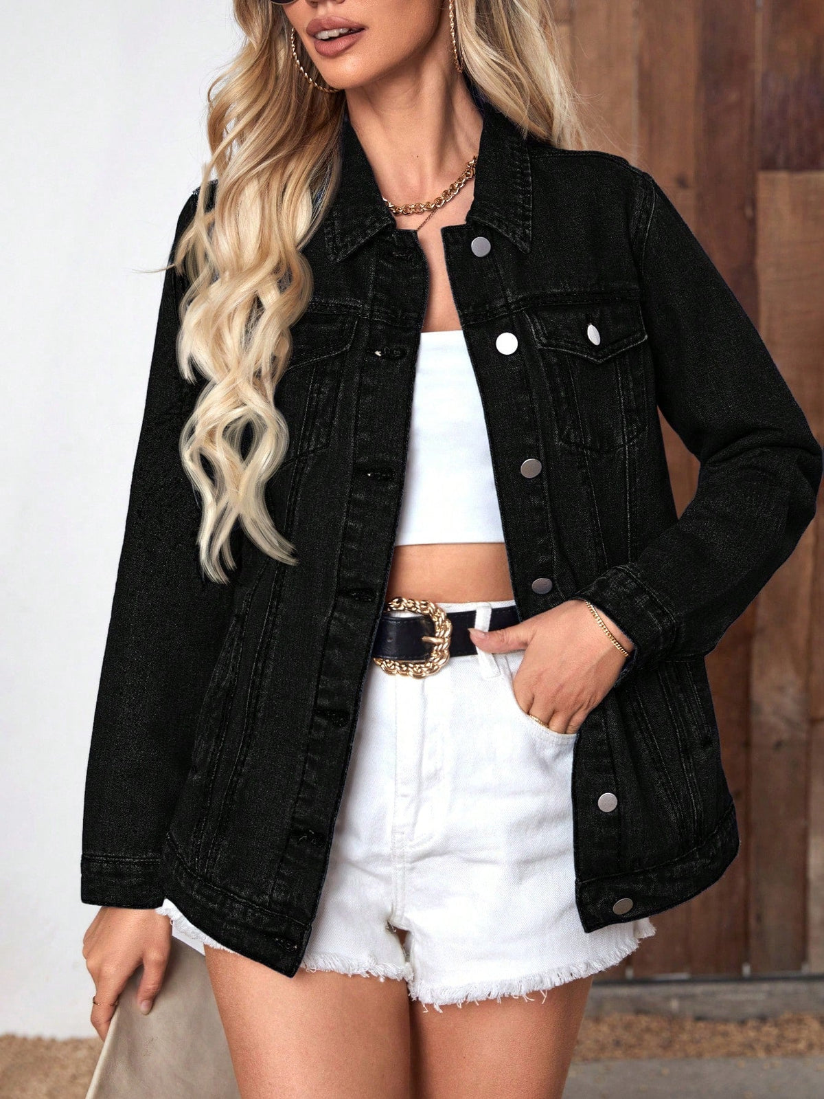 Women's Classic Oversized Denim Jacket with Washed Finish and Button Front
