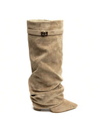 Slouch Boots with Low Heel & Pointed Toe – Women's Ruched Boots