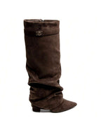 Slouch Boots with Low Heel & Pointed Toe – Women's Ruched Boots