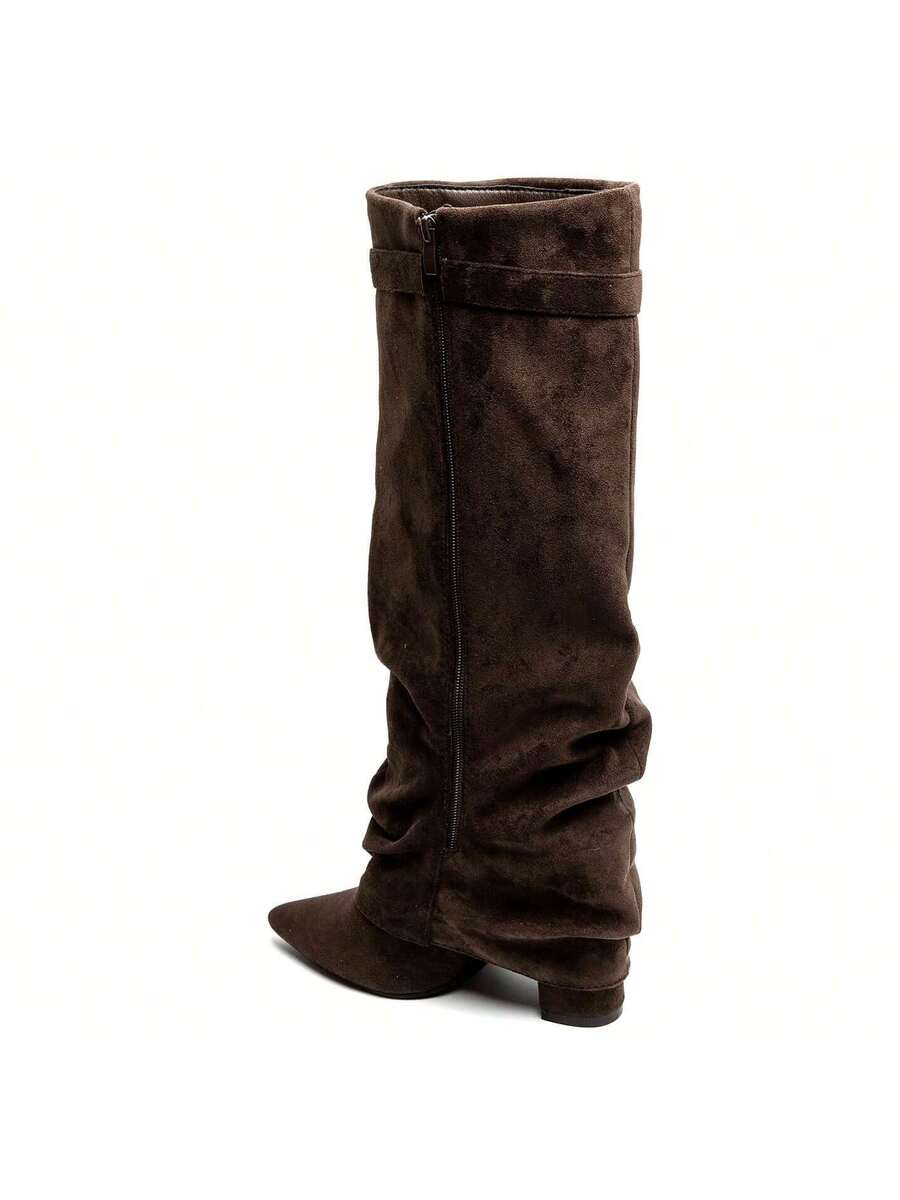 Slouch Boots with Low Heel & Pointed Toe – Women's Ruched Boots
