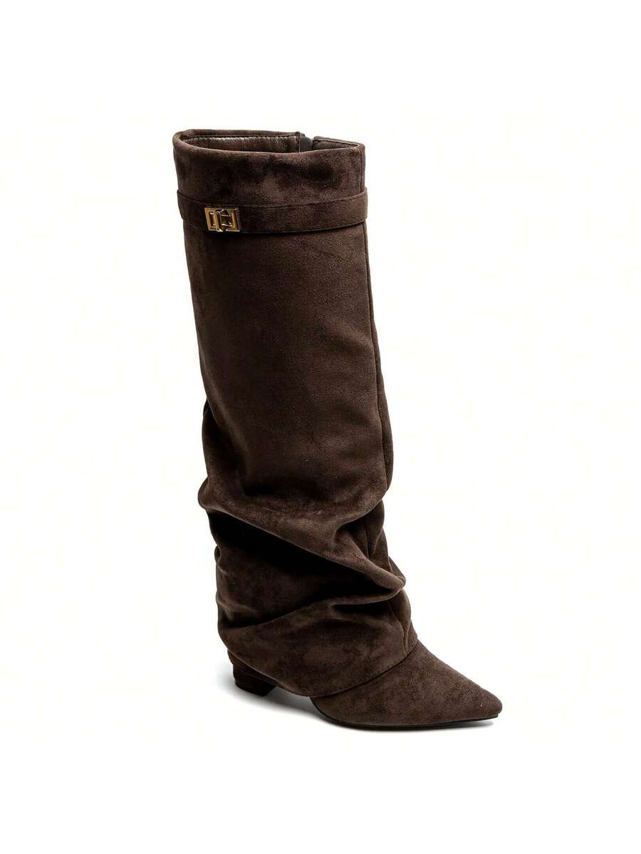 Slouch Boots with Low Heel & Pointed Toe – Women's Ruched Boots