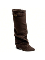 Slouch Boots with Low Heel & Pointed Toe – Women's Ruched Boots