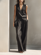 Women's Sleeveless V-Neck linen-look Blend Top and Wide Leg Trouser Set