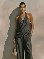 Women's Cross Front Halter Top and Wide Leg linen-look Trouser Set