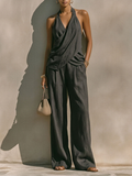 Women's Cross Front Halter Top and Wide Leg linen-look Trouser Set