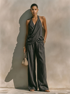Women's Cross Front Halter Top and Wide Leg linen-look Trouser Set
