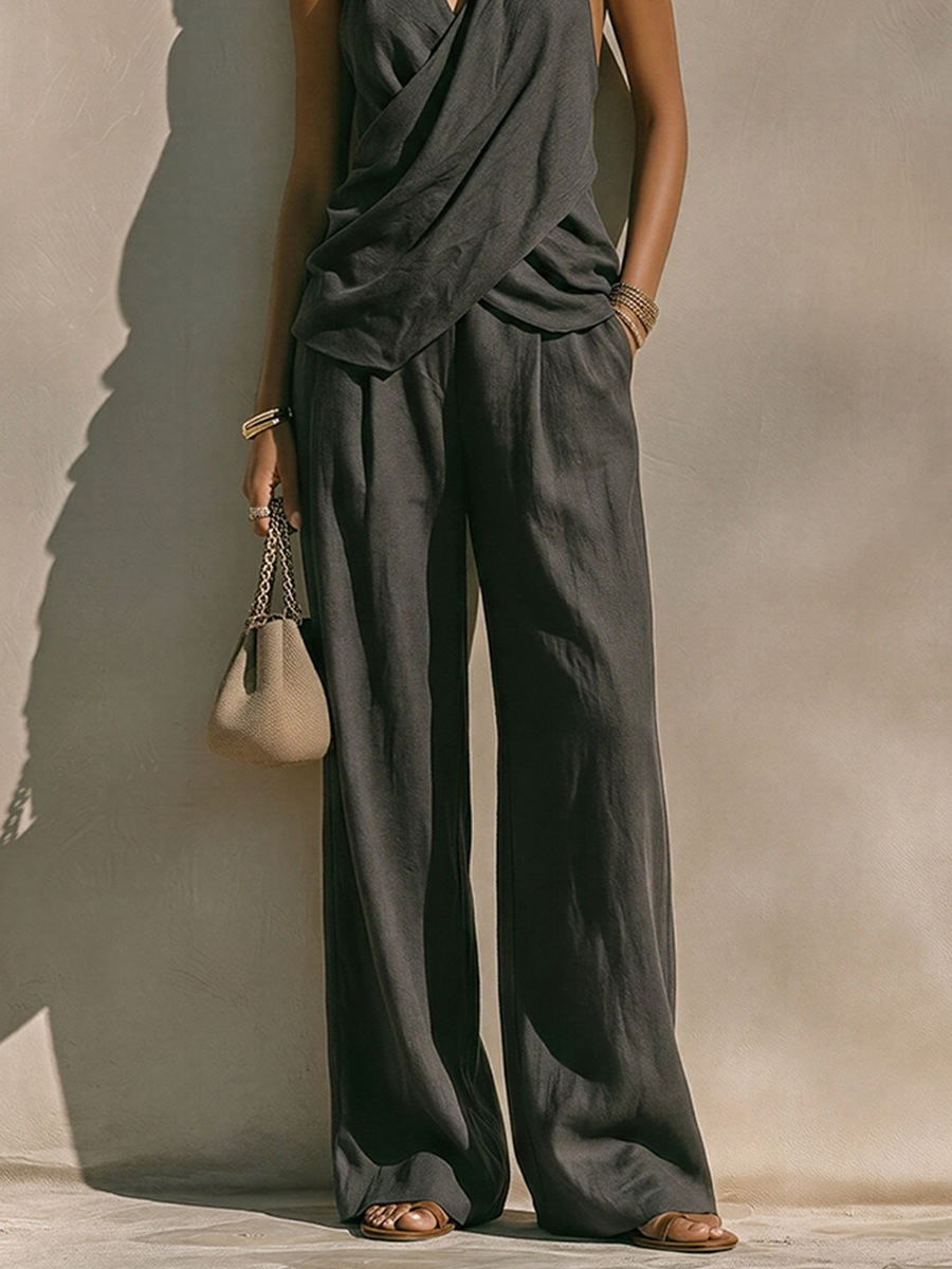 Women's Cross Front Halter Top and Wide Leg linen-look Trouser Set