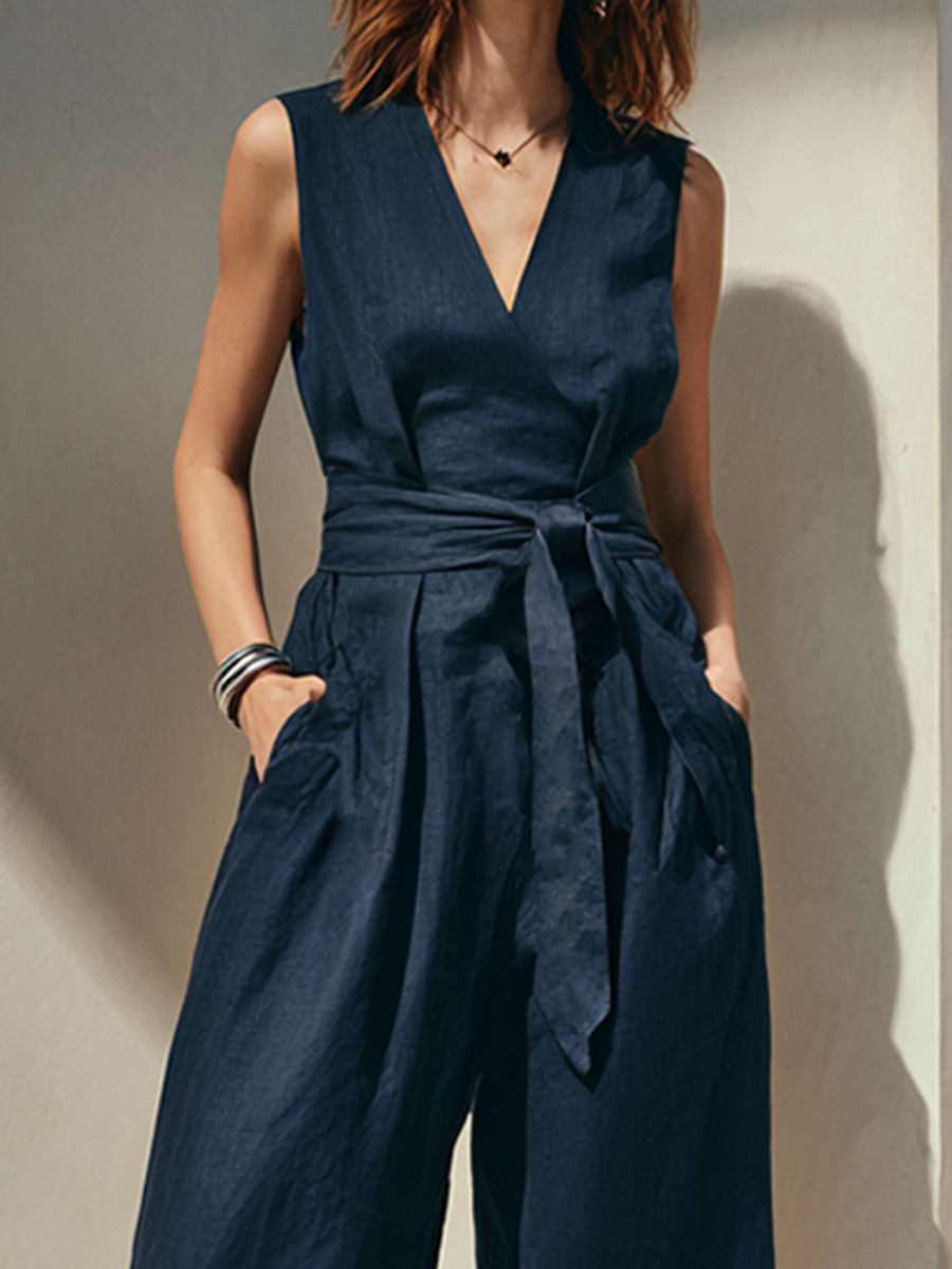 Women's linen-look Blend Wide-Leg Jumpsuit with Tie Waist