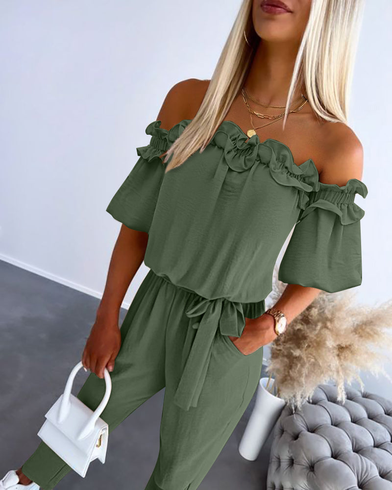 Off-Shoulder Frill Trim Short Sleeve Tie Waist Casual Jumpsuit | Meave & Ivy