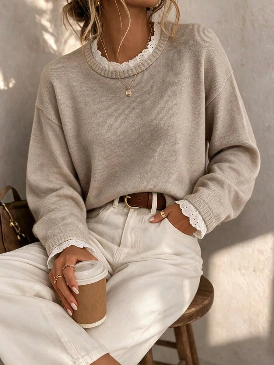 Women's Sweater with Lace and Crew Neck
