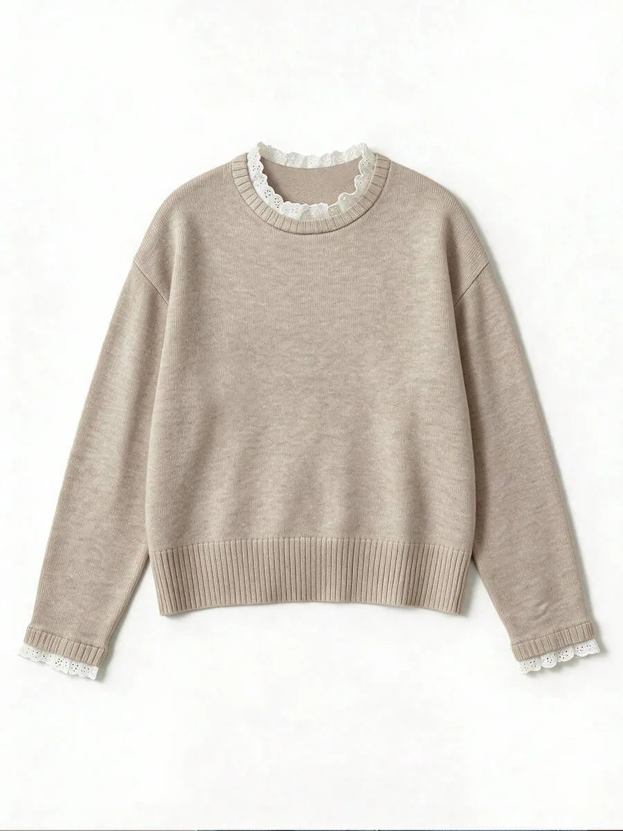 Women's Sweater with Lace and Crew Neck