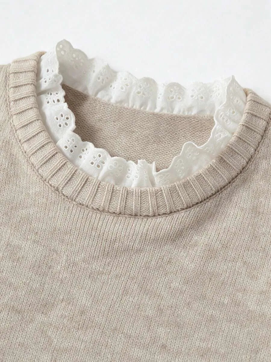 Women's Sweater with Lace and Crew Neck